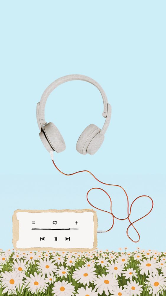 Floral music iPhone wallpaper, editable headphones collage design