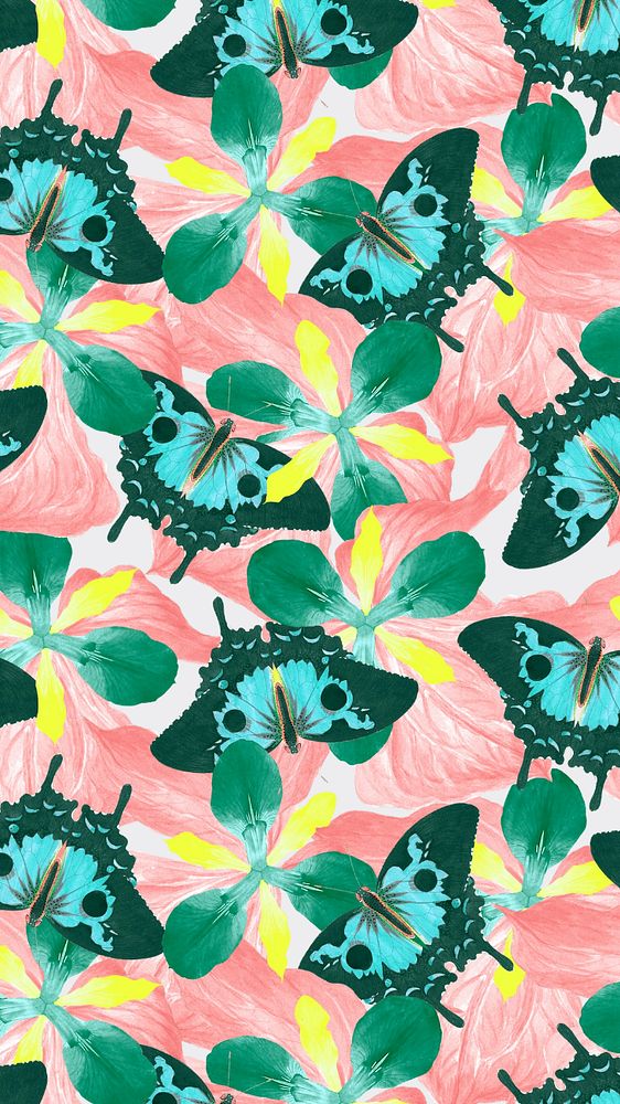 Butterfly seamless patterned phone wallpaper, editable George Shaw's exotic flower background design