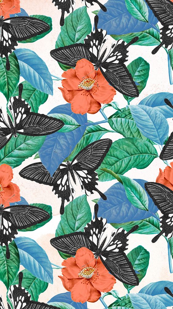 Butterfly seamless patterned phone wallpaper, editable George Shaw's exotic flower background design