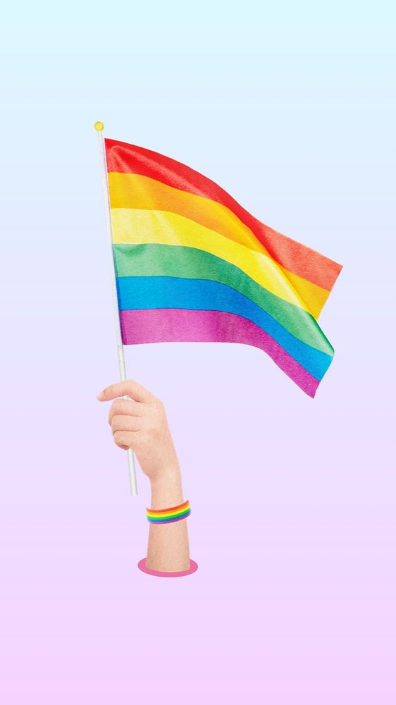 LGBTQ pride mobile wallpaper, editable hand holding rainbow flag collage design