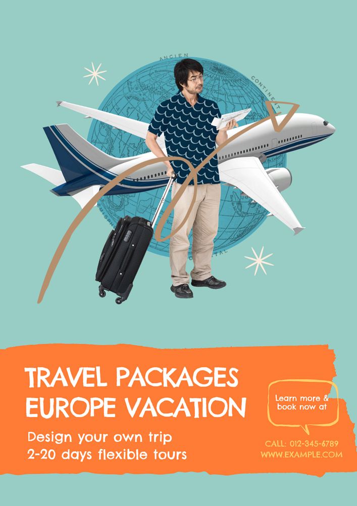 Travel package poster template, editable text & design