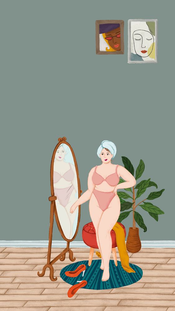 Aesthetic self-love iPhone wallpaper, woman looking at mirror illustration, editable design