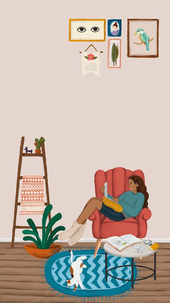 WFH aesthetic iPhone wallpaper, woman using laptop illustration, editable design