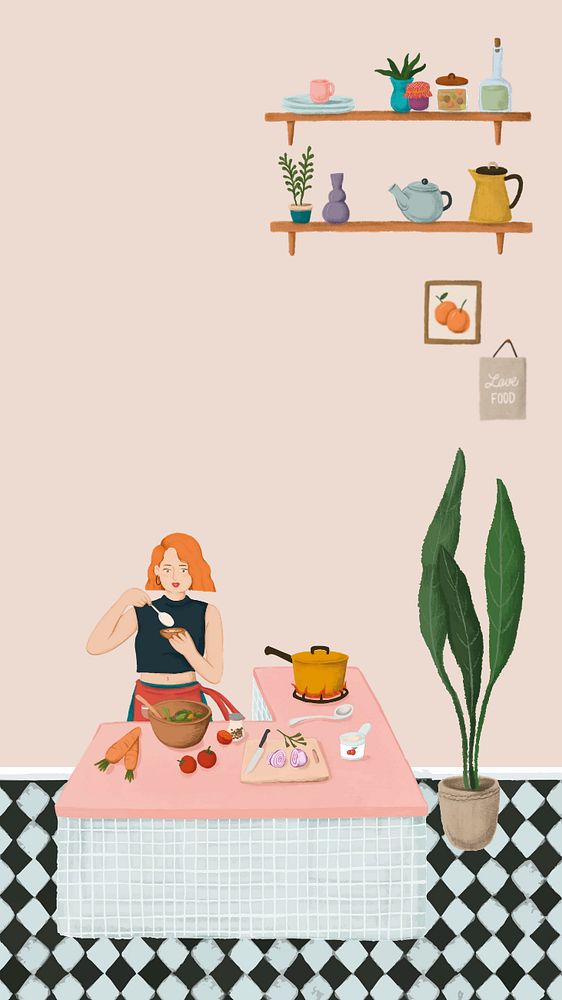 Cooking woman phone wallpaper, feminine illustration, editable design