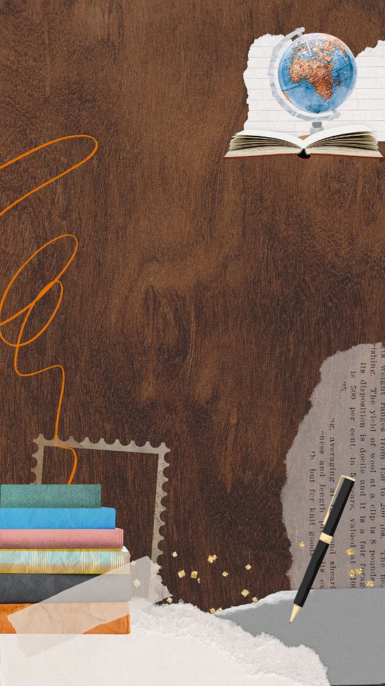 Editable education collage iPhone wallpaper, aesthetic wooden texture