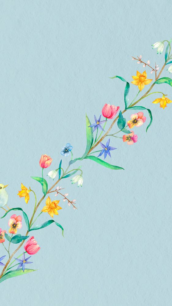 Spring flowers mobile wallpaper, editable colorful watercolor design