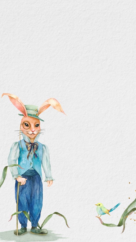 Vintage rabbit character iPhone wallpaper, editable watercolor design