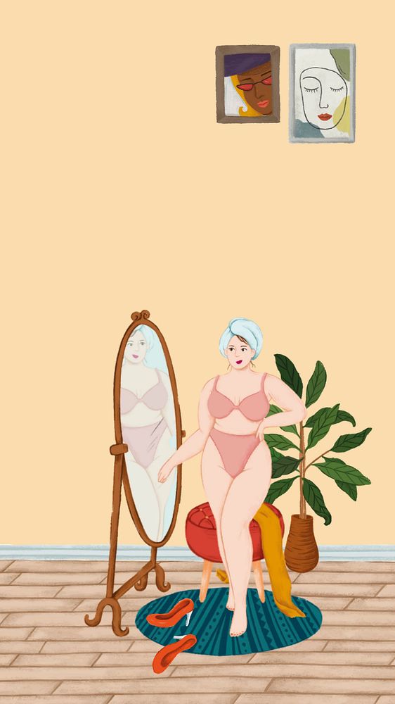 Aesthetic self-love iPhone wallpaper, woman looking at mirror illustration, editable design