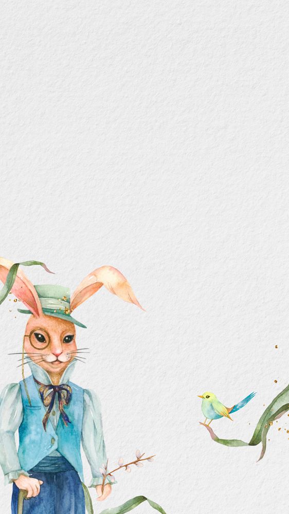 Rabbit character & bird iPhone wallpaper, editable watercolor illustration