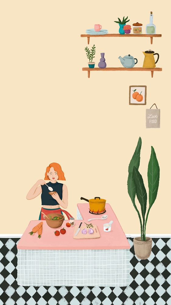 Cooking woman phone wallpaper, feminine illustration, editable design