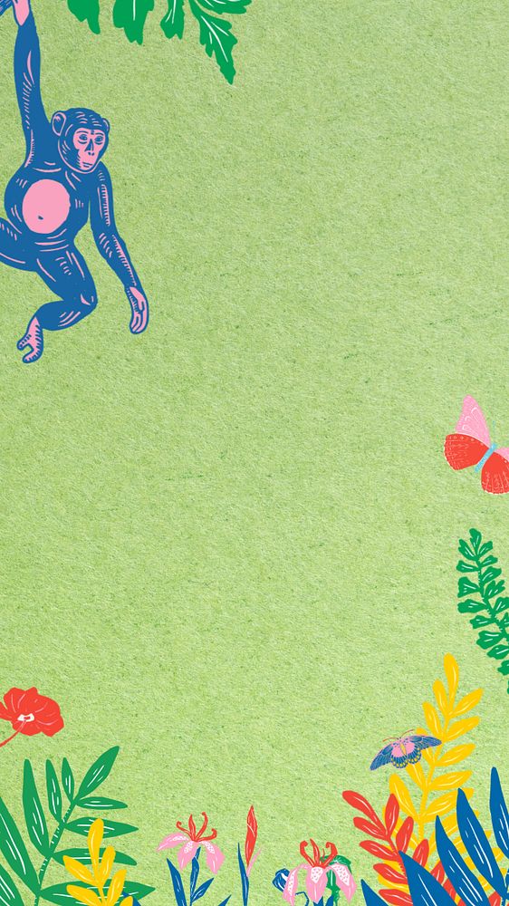 Monkey botanical green iPhone wallpaper, animal illustration