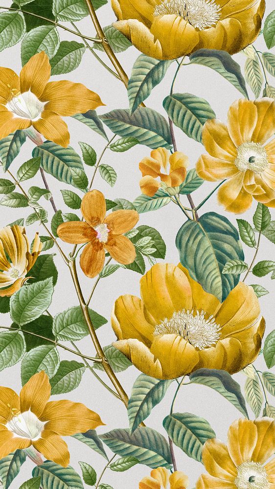 Vintage flower pattern mobile wallpaper, editable aesthetic botanical illustration by Pierre Joseph Redouté. Remixed by…