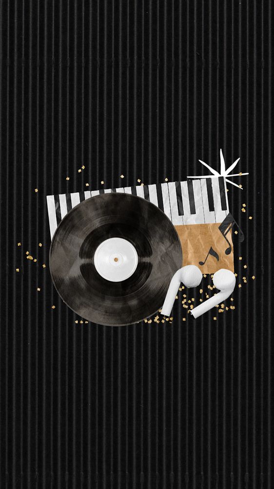 Retro music aesthetic iPhone wallpaper, editable vinyl record and earphones paper collage design