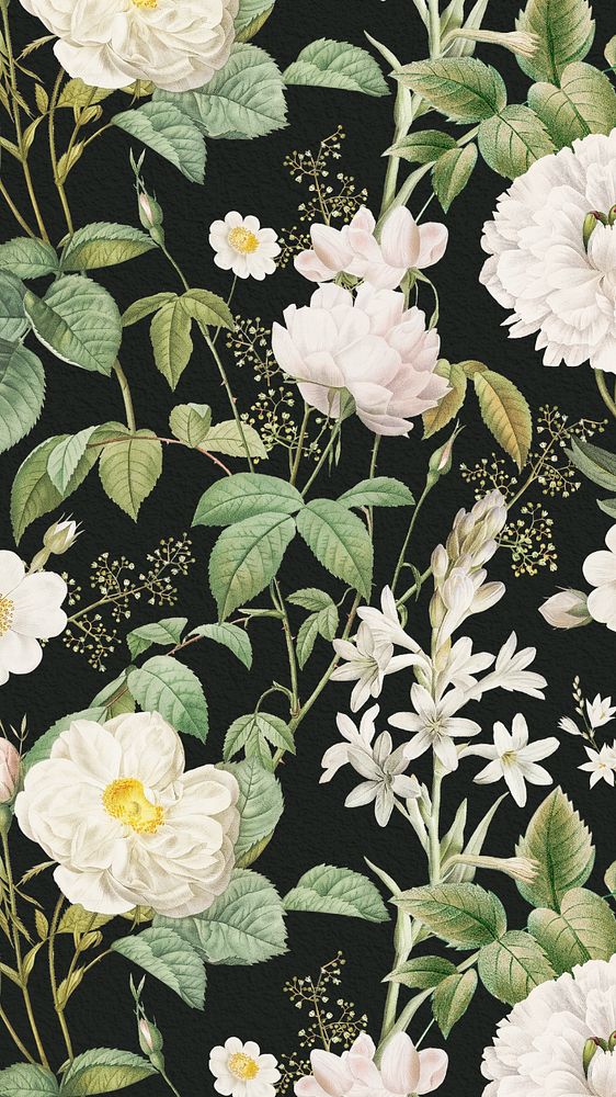 White flower pattern mobile wallpaper, editable vintage botanical illustration by Pierre Joseph Redouté. Remixed by rawpixel.