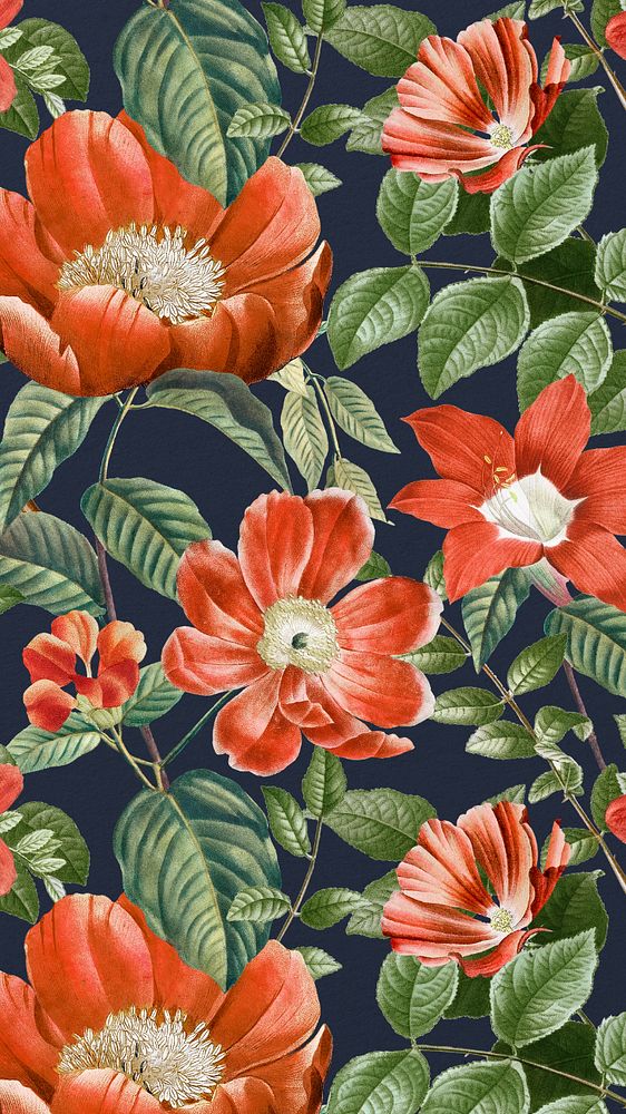 Aesthetic flower pattern mobile wallpaper, editable vintage botanical illustration by Pierre Joseph Redouté. Remixed by…