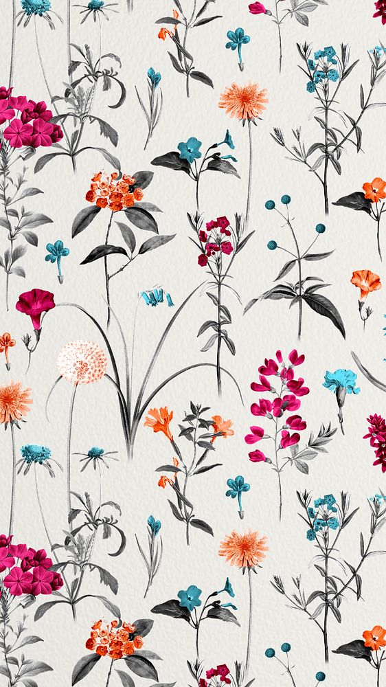 Aesthetic flower pattern mobile wallpaper, editable vintage botanical illustration by Pierre Joseph Redouté. Remixed by…