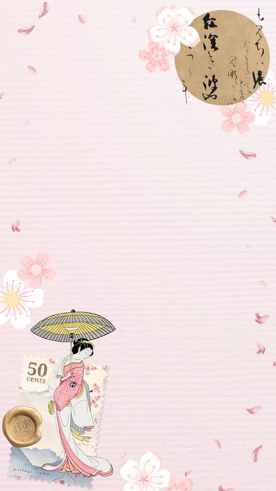 Editable pink iPhone wallpaper, vintage Japanese woman border design