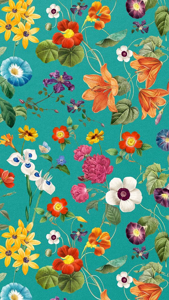 Summer flower pattern mobile wallpaper, editable vintage botanical illustration by Pierre Joseph Redouté. Remixed by…