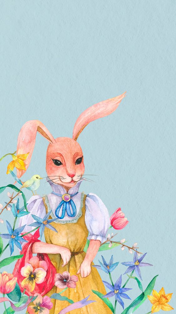 Spring rabbit character mobile wallpaper, editable watercolor design