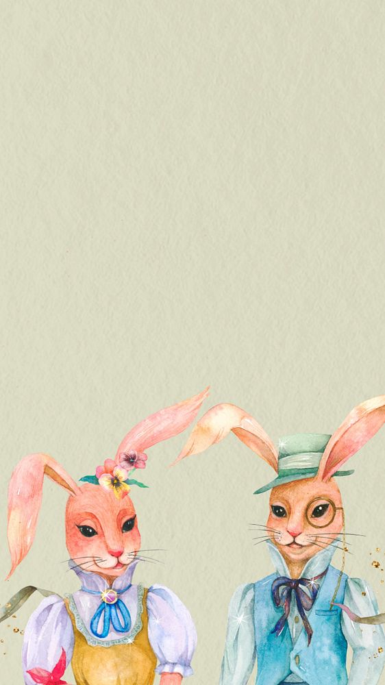 Rabbit characters vintage mobile wallpaper, editable green watercolor background