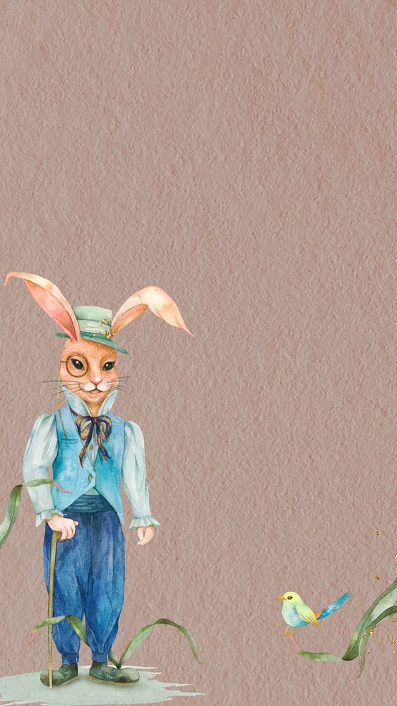 Vintage rabbit character iPhone wallpaper, editable watercolor design