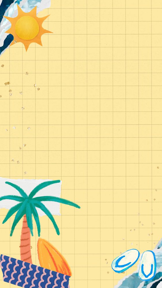 Summer yellow grid mobile wallpaper, editable palm tree border, holiday aesthetic collage design