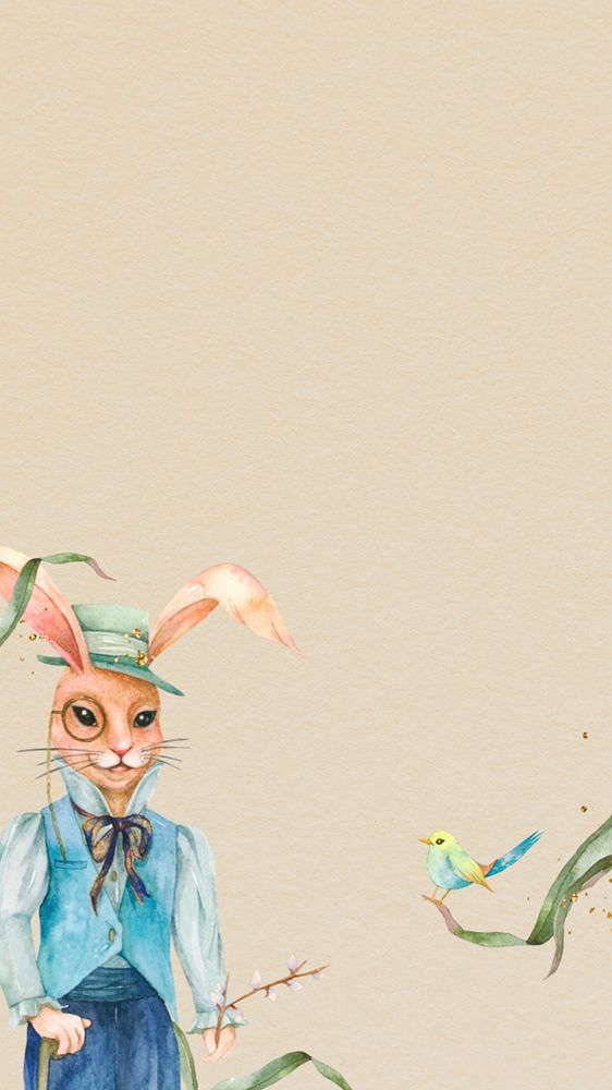 Vintage rabbit character mobile wallpaper, editable beige background