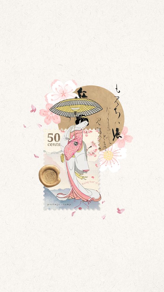 Japanese woman mobile wallpaper, editable floral postage stamp design