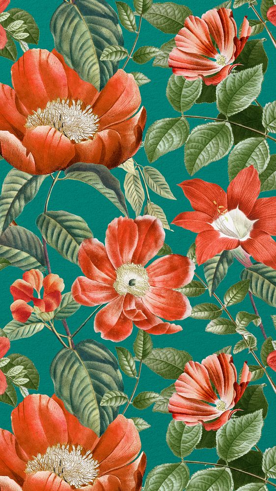 Red flower pattern mobile wallpaper, editable vintage botanical illustration by Pierre Joseph Redouté. Remixed by rawpixel.