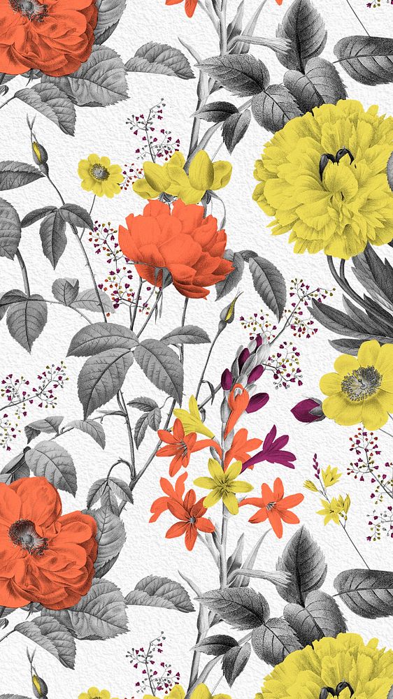 Aesthetic flower pattern mobile wallpaper, editable vintage botanical illustration by Pierre Joseph Redouté. Remixed by…