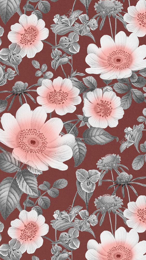 Aesthetic flower pattern mobile wallpaper, editable vintage botanical illustration by Pierre Joseph Redouté. Remixed by…