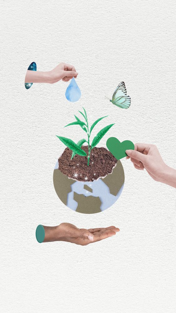 Save the World phone wallpaper, people planting tree, editable design