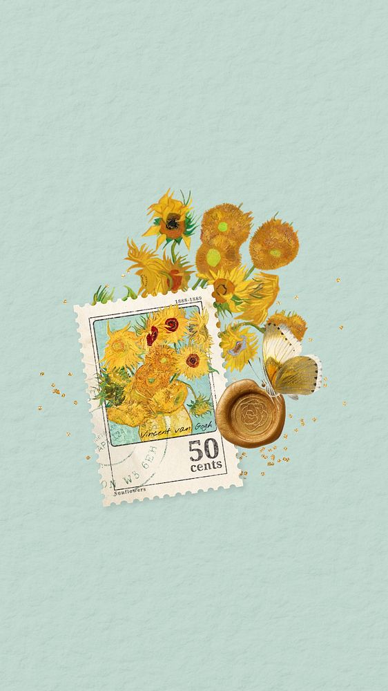 Van Gogh's Sunflowers iPhone wallpaper, editable aesthetic paper collage, remixed by rawpixel