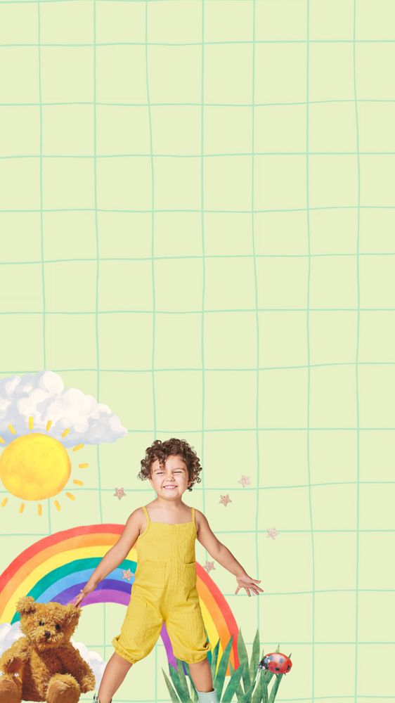 Happy kid mobile wallpaper, editable green grid background design