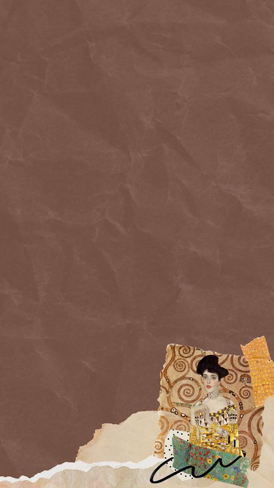 Wrinkled brown paper phone wallpaper, editable Gustav Klimt's famous painting border design, remixed by rawpixel