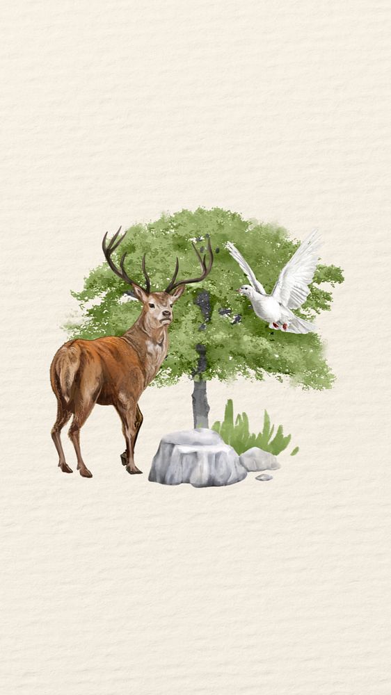 Editable stag deer iPhone wallpaper, wild animal and nature collage design