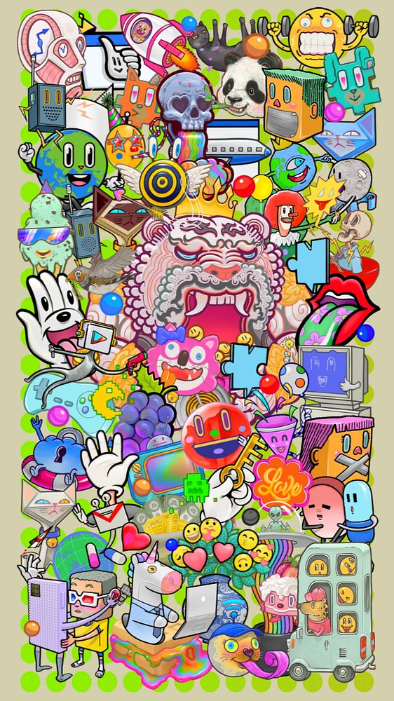 Funky chaotic cartoon iPhone wallpaper, editable colorful design