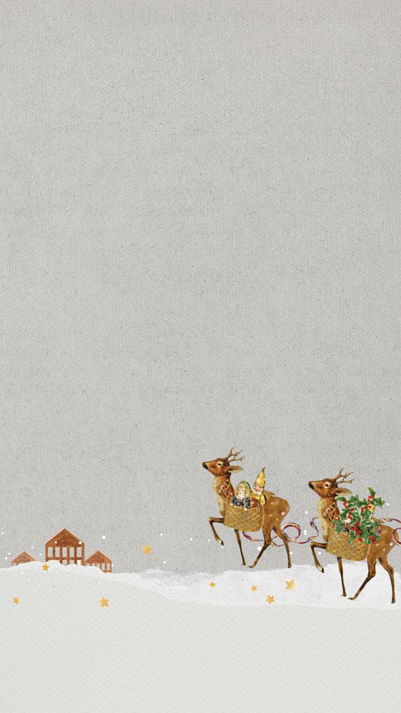 Christmas reindeers aesthetic mobile wallpaper, gray paper textured editable background