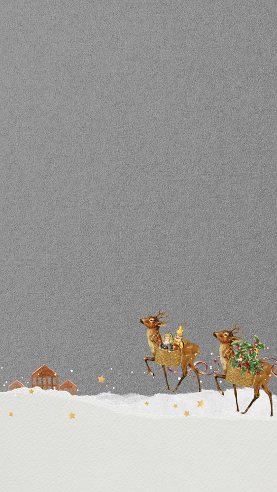 Christmas reindeers aesthetic mobile wallpaper, gray paper textured editable background