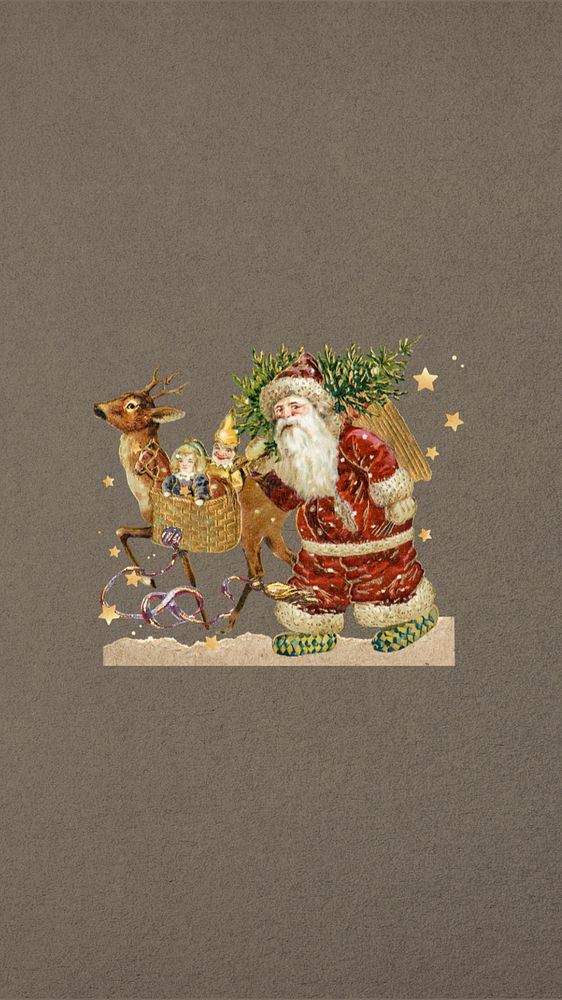 Santa Claus reindeer iPhone wallpaper, brown textured background, editable design