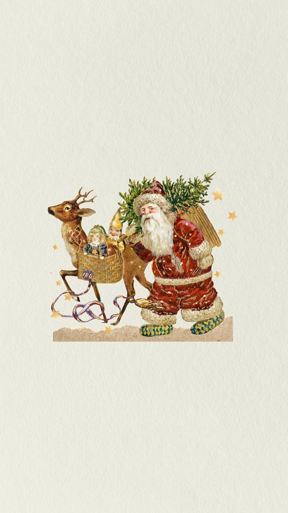 Santa Claus reindeer iPhone wallpaper, textured background, editable design