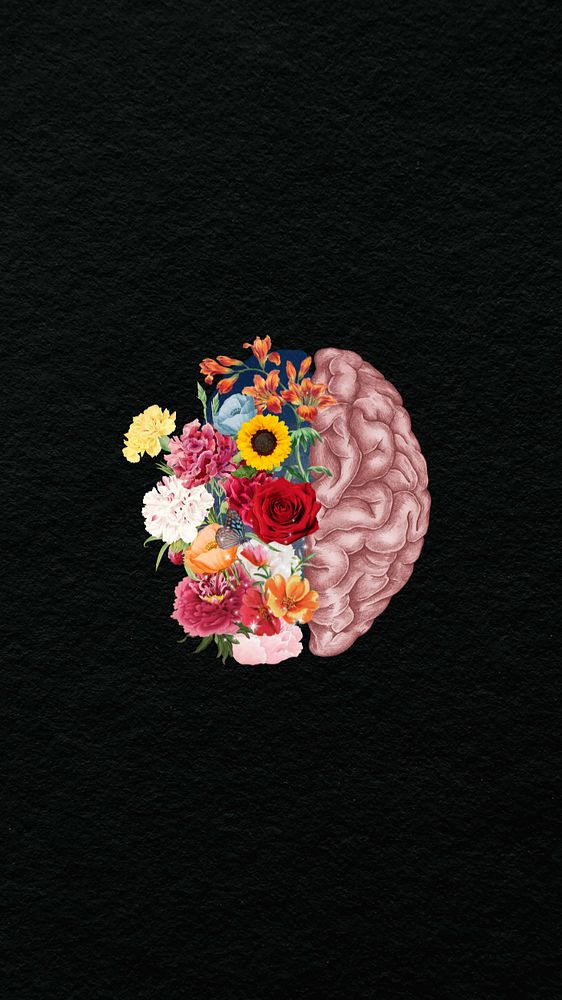 Floral human brain mobile wallpaper, surreal mental health remix background, editable design