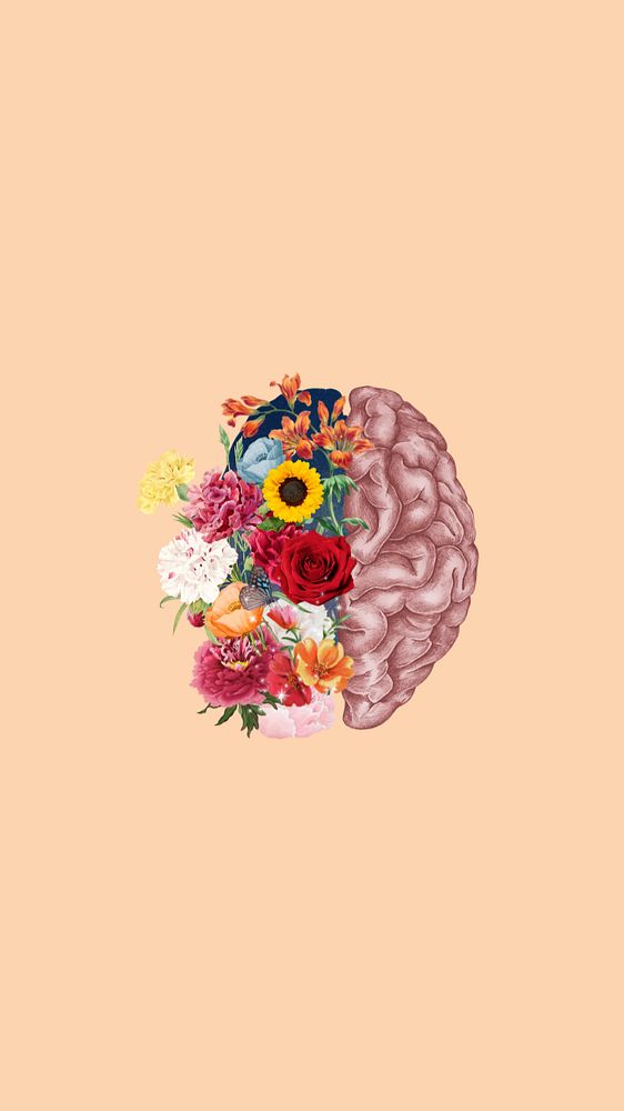 Floral human brain mobile wallpaper, surreal mental health remix background, editable design