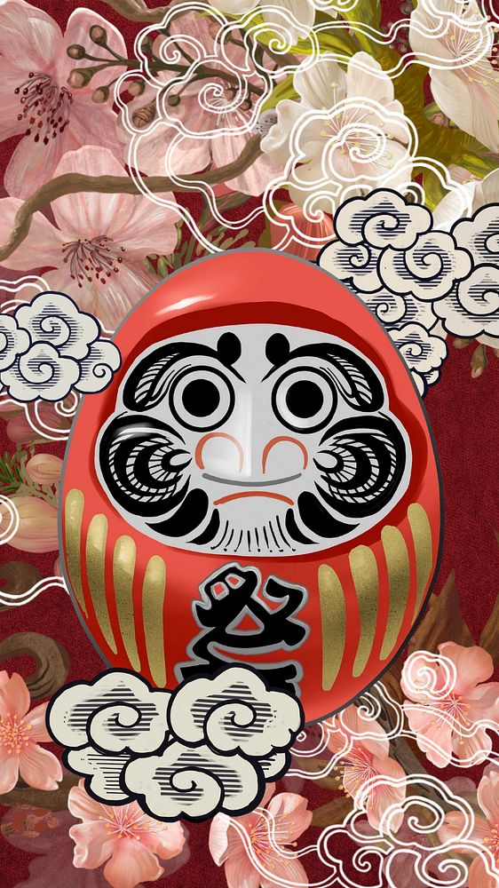 Japanese Daruma doll mobile wallpaper, vintage traditional background, editable design