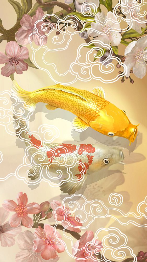 Traditional Koi fish phone wallpaper, Japanese animal illustration, editable design