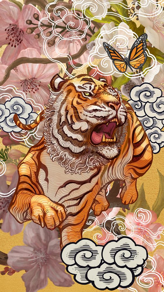 Japanese roaring tiger phone wallpaper, vintage animal illustration, editable design