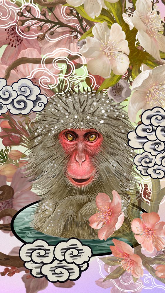 Japanese macaques onsen mobile wallpaper, vintage animal illustration, editable design