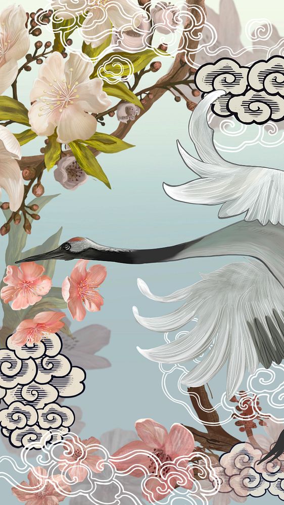 Flying Japanese crane iPhone wallpaper, traditional animal illustration, editable design