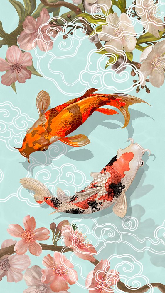 Traditional Koi fish phone wallpaper, Japanese animal illustration, editable design