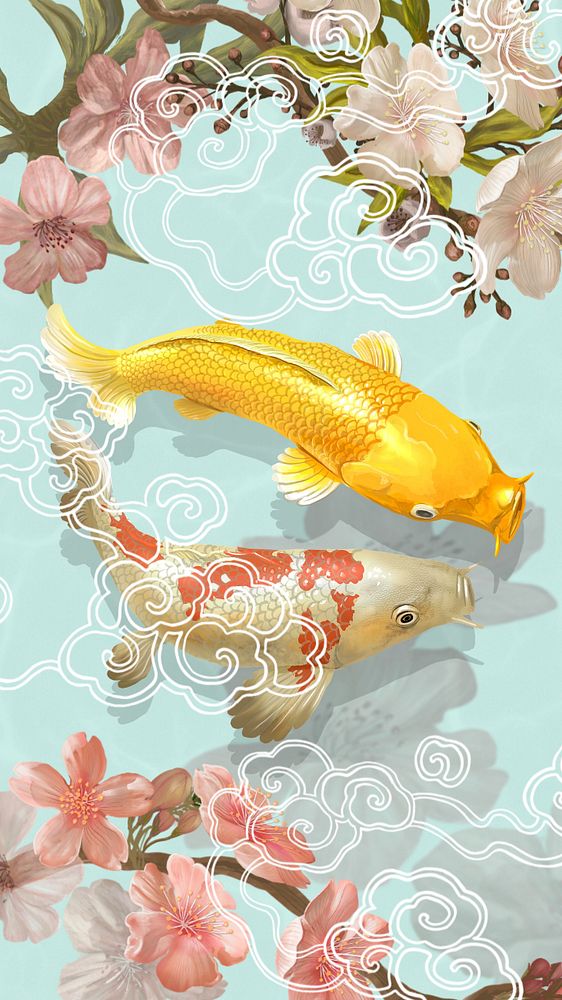 Traditional Koi fish phone wallpaper, Japanese animal illustration, editable design